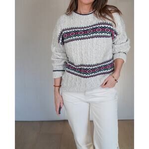 Vintage Wool Fair Isle Sweater Cream – Cable Knit Nordic Pattern, Chunky Cozy,